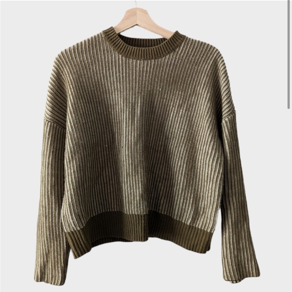 Oak + Fort Oversized Crewneck Sweater with Olive and Cream Contrast Stripe Knit